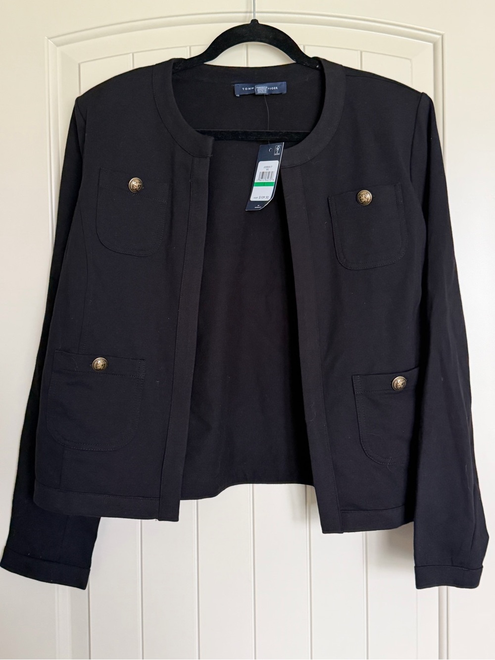 NWT Tommy Hilfiger Black Collarless Pocket Blazer with Gold Buttons